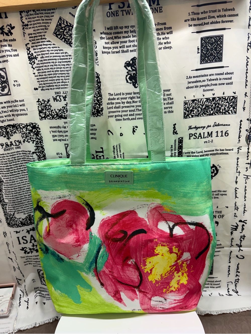 NWT Clinique Green Canvas Tote with Pink & Yellow Floral Print